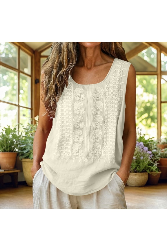Embroidered Boho Tops for Women Floral Gauze Sleeveless Cotton Linen Vest Plus Size Summer Dressy Casual Blouses