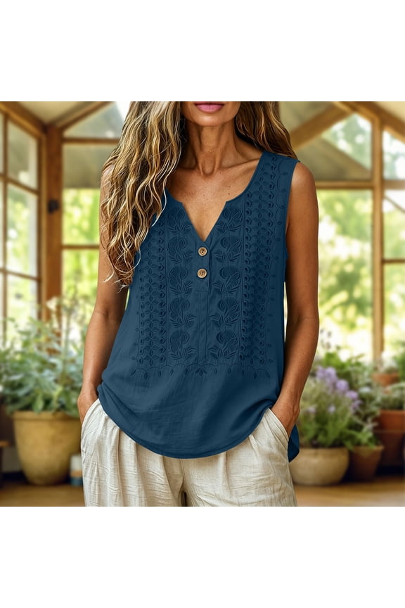 Embroidered Boho Tops for Women Floral Gauze Sleeveless Cotton Linen Vest Summer Dressy Casual Blouses