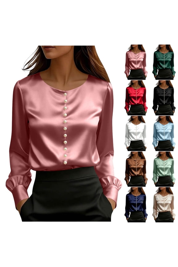 Shirts for Women with Front Pearl Embellished Puff Cuff Long Sleeve Crewneck Casual Business Office Blouse V-Neck Sizes S-2XL