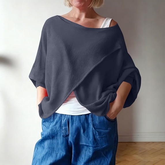 Junur Women Dolman Batwing Sleeves Knitted Sweaters 3/4 Sleeve Winter Boat Neck Pullovers Tops S-XXXL