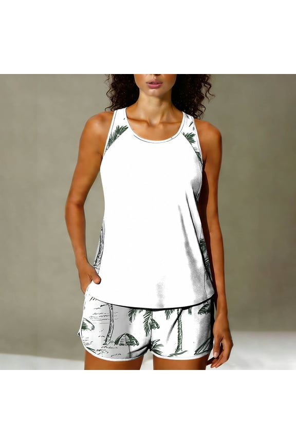 Women Solid Color Tankini Swimsuits for Women 2026 Tummy Control Two Piece Bathing Suits with Sporty Pockets Swim Shorts S-XXL
