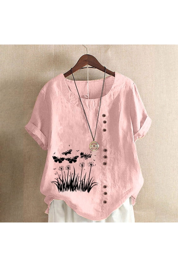 Womens Cotton Gauze Shirt Print Summer Beach Blouse Short Sleeve Casual Loose Comfy Tunic Tops Plus Size