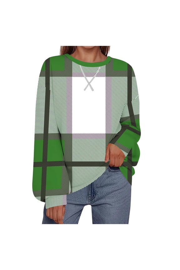 Womens Plaid Sweatshirts Casual Long Sleeve Crewneck Sweatshirt Color Block Pullover Tops S-XXL