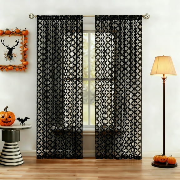 Junvictex Black Floral Lace Curtains Rod Pocket for Living Room,Knitted Botanical Leaf Drapes,52"Wx63"L,2 Panels