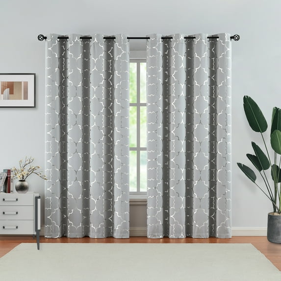 Junvictex Blackout Silver-Grey Curtain for Bedroom 52"Wx84"L Foil Metallic Print Energy Efficient Drapes,2 Panels