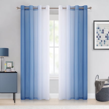 Junvictex Blue Ombre Crushed Chiffon Sheer Curtains 52"Wx84"L for Bedroom Living Room Decor, Set of 2 Crinkle Curtain Panels,Grommet