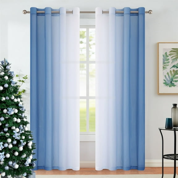 Junvictex Blue Ombre Crushed Chiffon Sheer Curtains 52"Wx84"L for Bedroom Living Room Decor, Set of 2 Crinkle Curtain Panels,Grommet