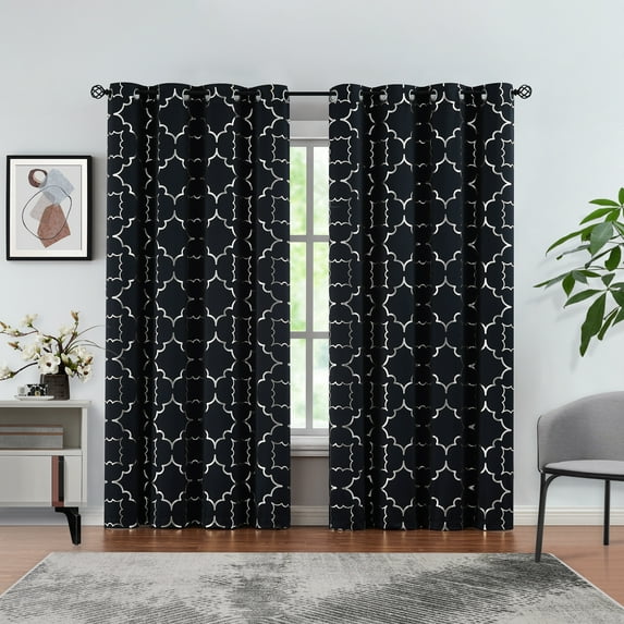 Junvictex Energy Saving 95% Black/Silver Blackout Window Curtain 52"Wx63"L for Living Room Foil Metallic Print, 2 Pcs