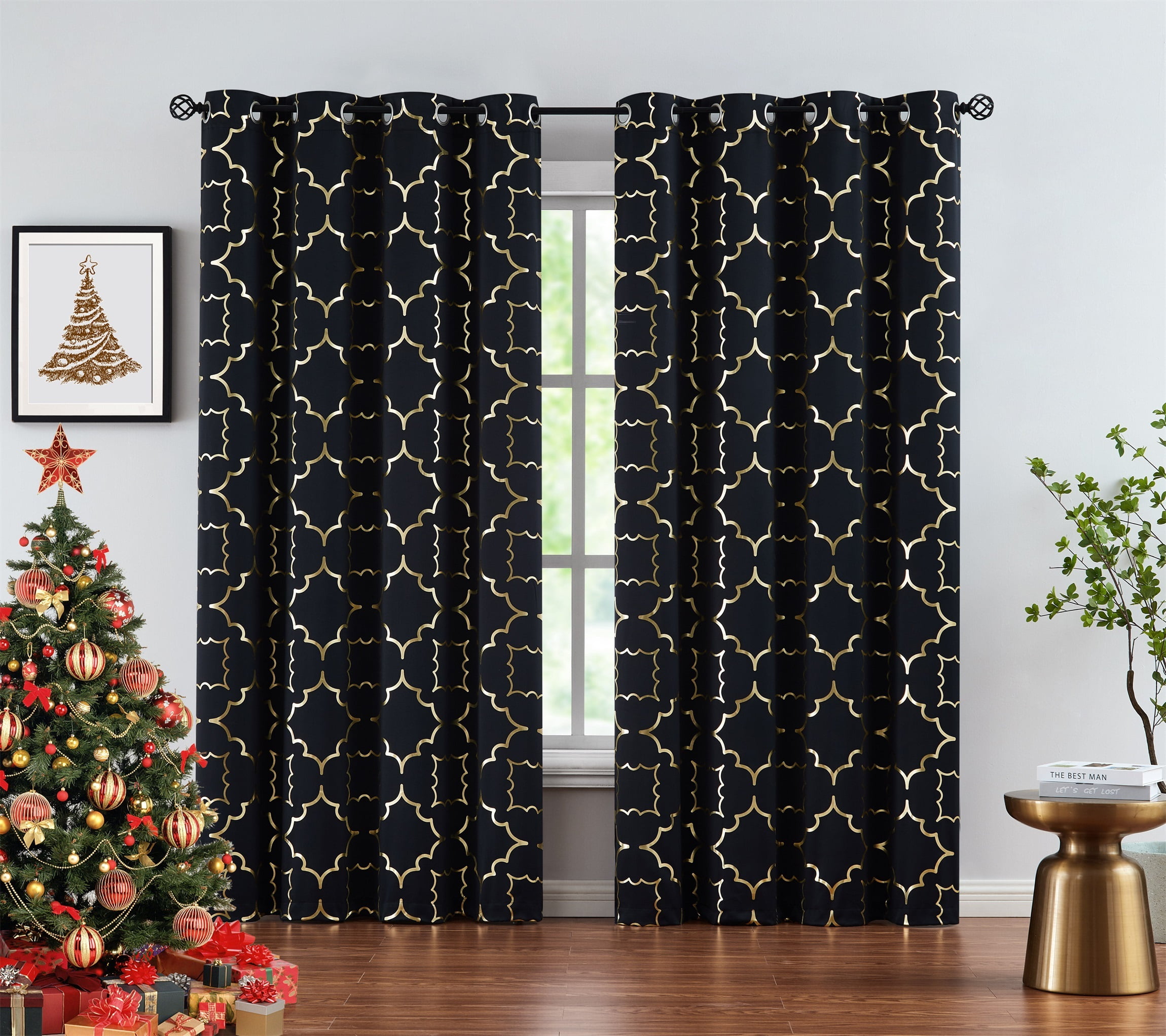 Junvictex Gold-Black Foil Blackout Window Curtains for Bedroom 52"Wx95"L Metallic Print,Grommet,2 Panels