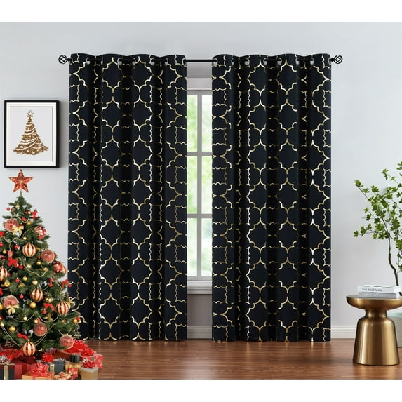 Junvictex Gold-Black Foil Blackout Window Curtains for Bedroom 52"Wx95"L Metallic Print,Grommet,2 Panels