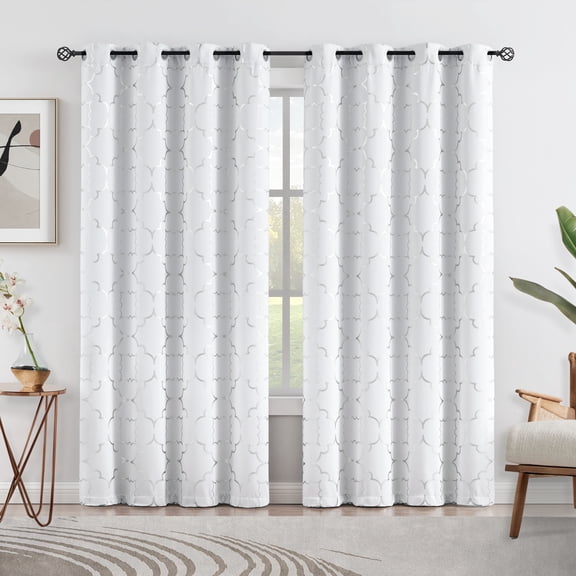 Junvictex Modern White Moroccan Metallic Print Grommet Blackout Curtains, 52" x 84" (2 Panels)