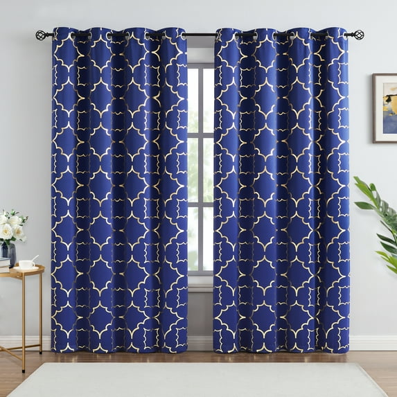 Junvictex Navy/Gold Blackout Window Curtain for Bedroom Moroccan Foil Metallic Print Curtains Room Darkening Energy Saving Grommet 95% Blackout Drapes,52"Wx63"L,2 Pcs