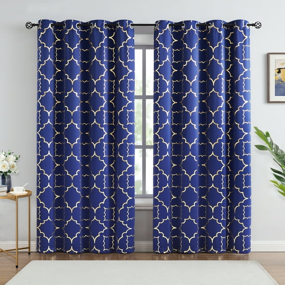 Junvictex Navy/Gold Blackout Window Curtain for Bedroom Moroccan Foil Metallic Print Curtains Room Darkening Energy Saving Grommet 95% Blackout Drapes,52"Wx63"L,2 Pcs
