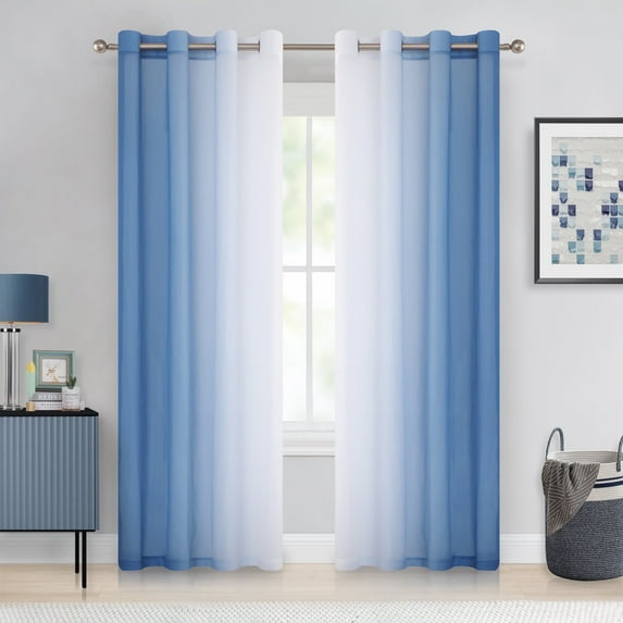 Junvictex Ombre Chiffon Sheer Curtains Blue 52" Wx54 "L for Bedroom Living Room Decoration, Window Treatments Grommet,2 Panels