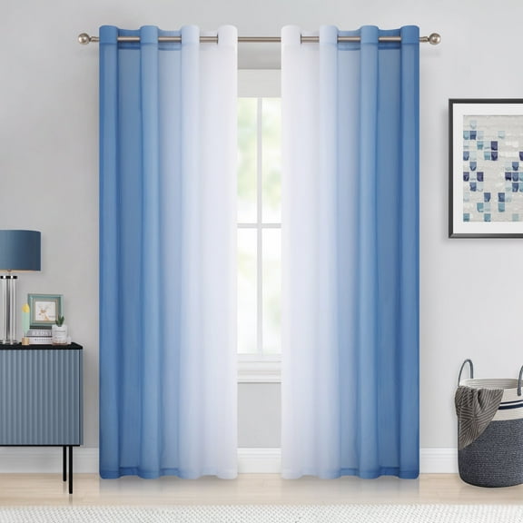 Junvictex Ombre Chiffon Sheer Curtains Blue 52" Wx54 "L for Bedroom Living Room Decoration, Window Treatments Grommet,2 Panels