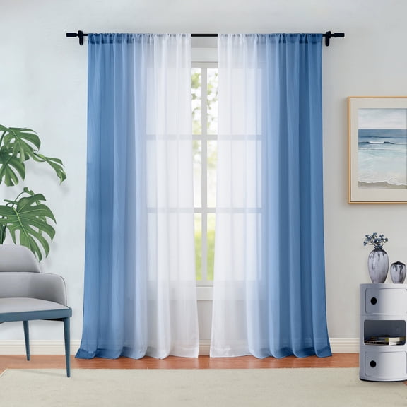 Junvictex Ombre Chiffon Sheer Curtains Blue Crushed Crinkle Semi Voile Panels for Bedroom,52"Wx54"L,Rod Pocket,2 Panels