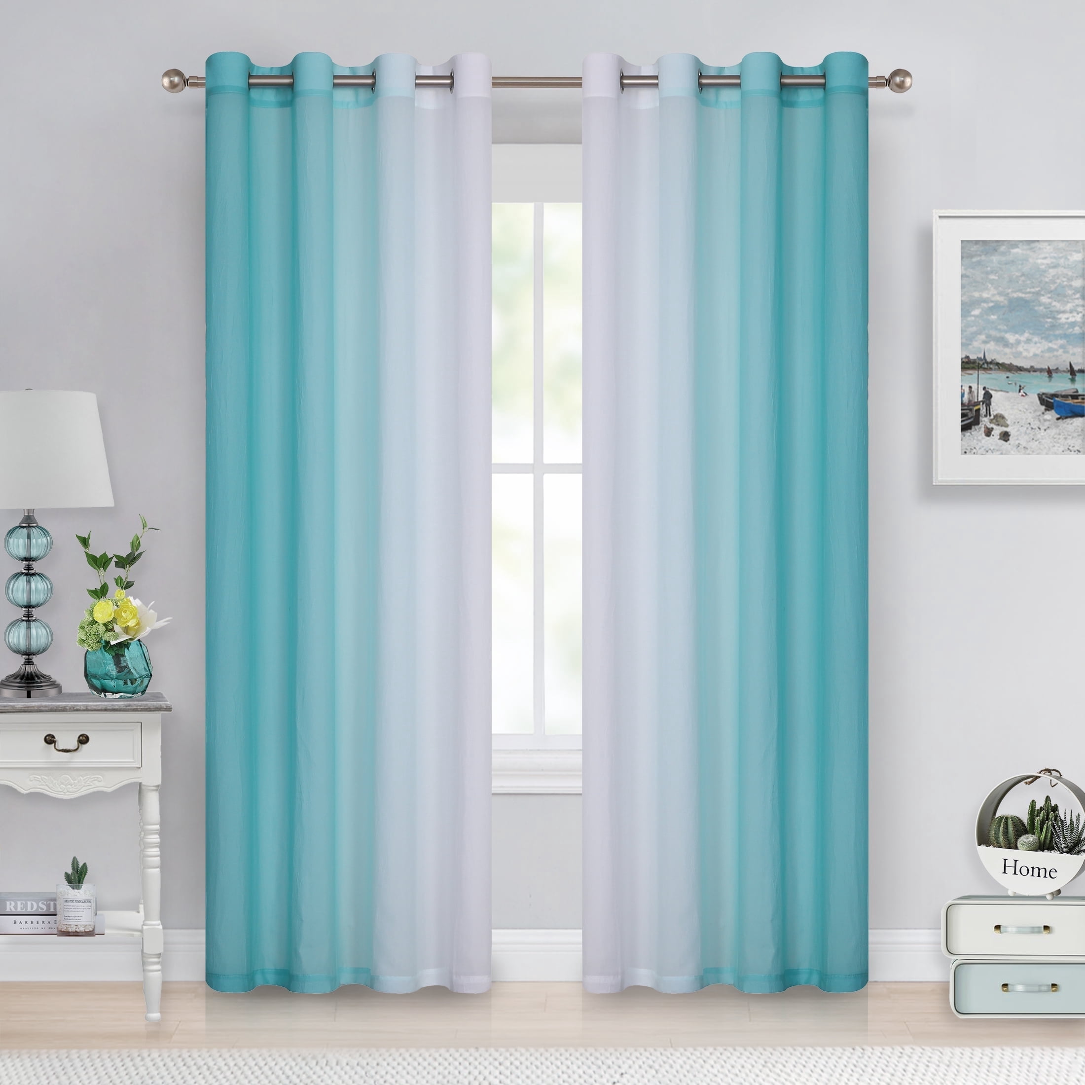 Junvictex Ombre Chiffon Sheer Curtains Teal 52"Wx54"L for Bedroom Living Room Decoration, Window Treatments Grommet, 2 Panels