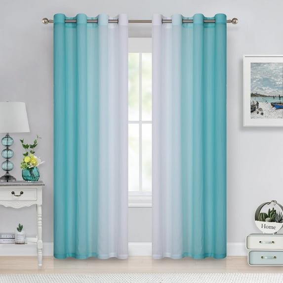 Junvictex Ombre Chiffon Sheer Curtains Teal 52"Wx54"L for Bedroom Living Room Decoration, Window Treatments Grommet, 2 Panels