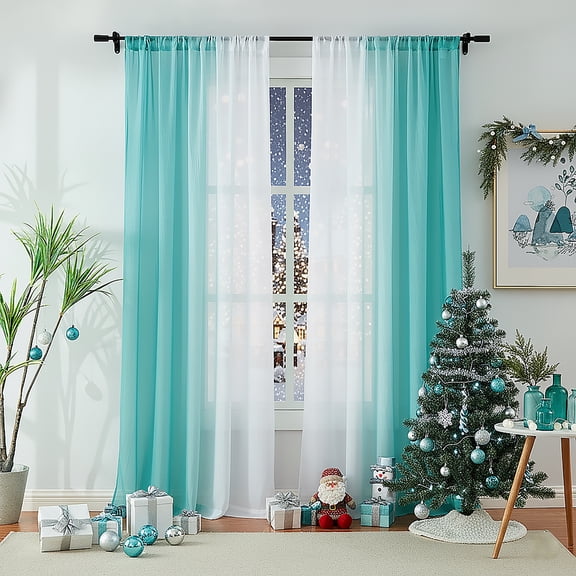 Junvictex Ombre Chiffon Sheer Curtains Teal Crushed Crinkle Semi Voile Curtain Panels for Bedroom,52" Wx95 Lx2,Rod Pocket