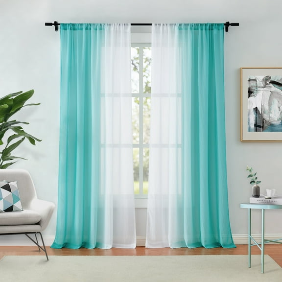 Junvictex Ombre Chiffon Sheer Curtains Teal Green Crinkle Semi Voile Panels for Bedroom,Light Filtering Window Treatments,52"Wx54"L,Rod Pocket,2 Panels