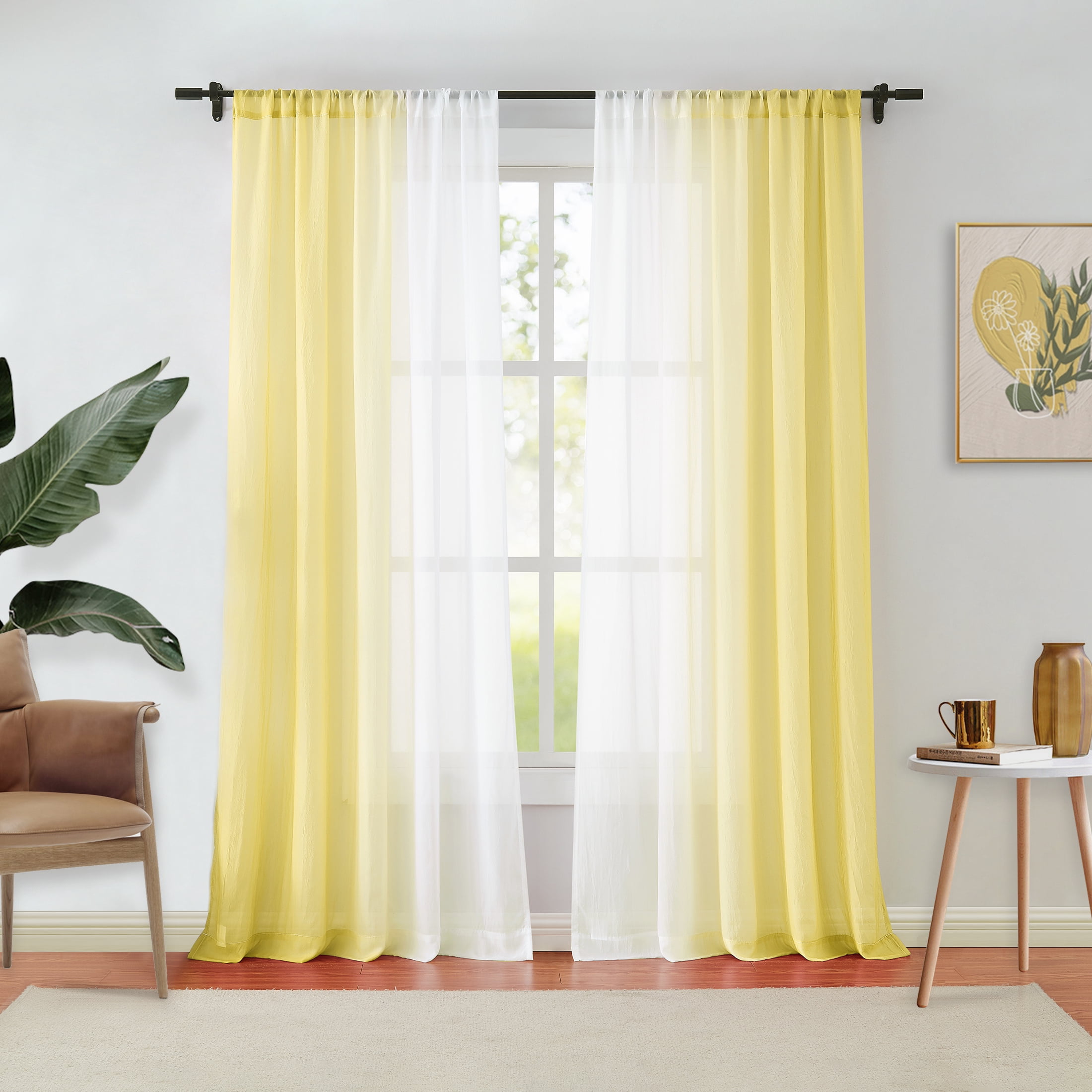 Junvictex Ombre Chiffon Sheer Curtains Yellow Crushed Crinkle Semi