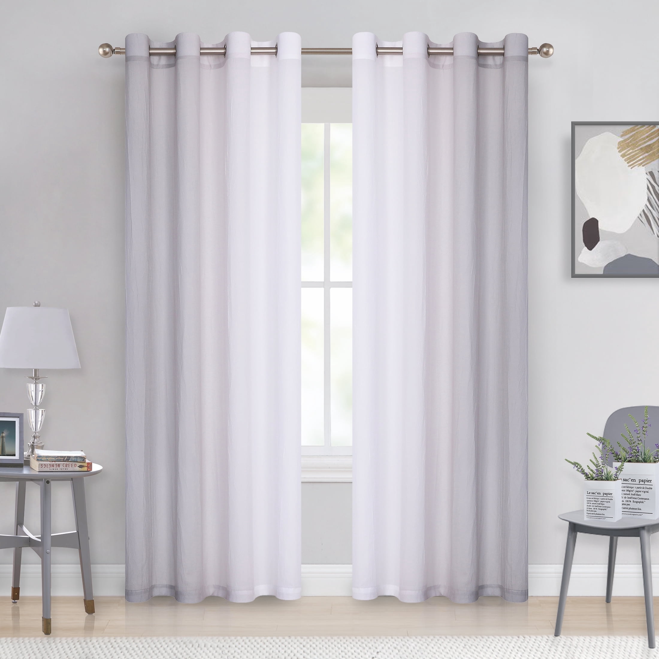 Junvictex Ombre Chiffon Sheer Grey Window Curtain Panels 52"Wx63"L Crinkle Voile for Living Room Bedroom,Grommet,2 Panels