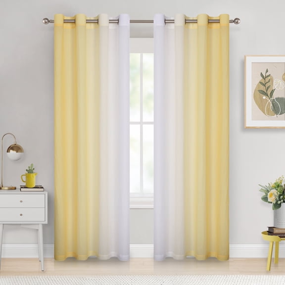 Junvictex Ombre Chiffon Sheer Yellow Window Curtain Panels 52"Wx63"Lx2 Crinkle Voile for Living Room Bedroom,Grommet