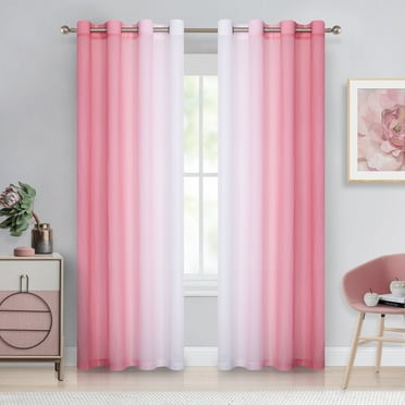 Junvictex Ombre Crushed Chiffon Pink Sheer Curtains 52"Wx84"L for Bedroom Decor, Set of 2 Crinkle Curtain Panels,Grommet