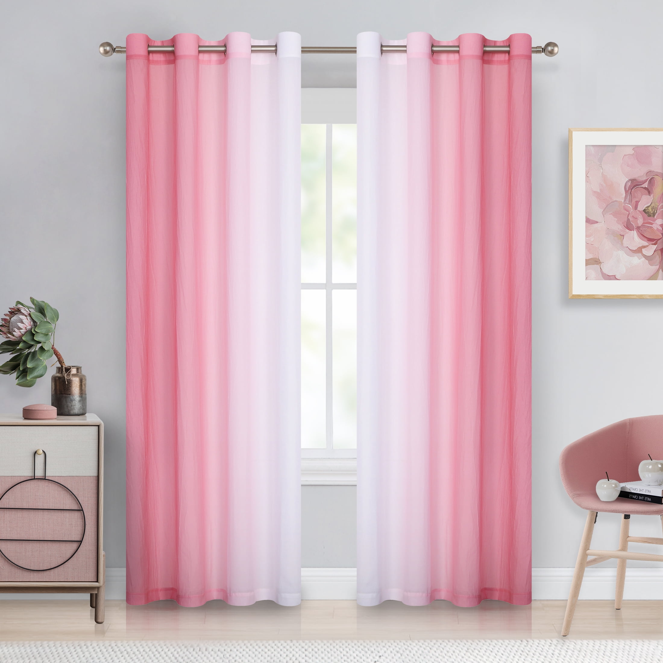Junvictex Pink Ombre Chiffon Sheer Window Curtain Panels Set