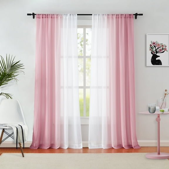 Junvictex Pink Ombre Crushed Chiffon Sheer Crinkle Curtains for Living Room,Rod Pocket,52"Wx84"L,2 Panels