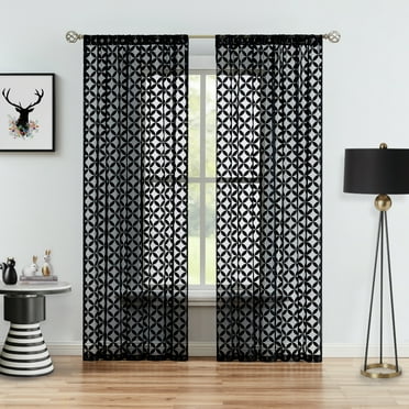 Junvictex Rod Pocket Floral Black Lace Sheer Drapes Knitted Botanical Leaf Curtains for Living Room,52"Wx84"L,2 Panels
