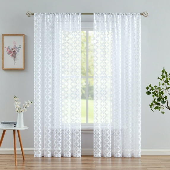 Junvictex Rod Pocket White Floral Lace Curtains for Bedroom,Knitted Botanical Voile Drapes,52"Wx95"L,2 Panels