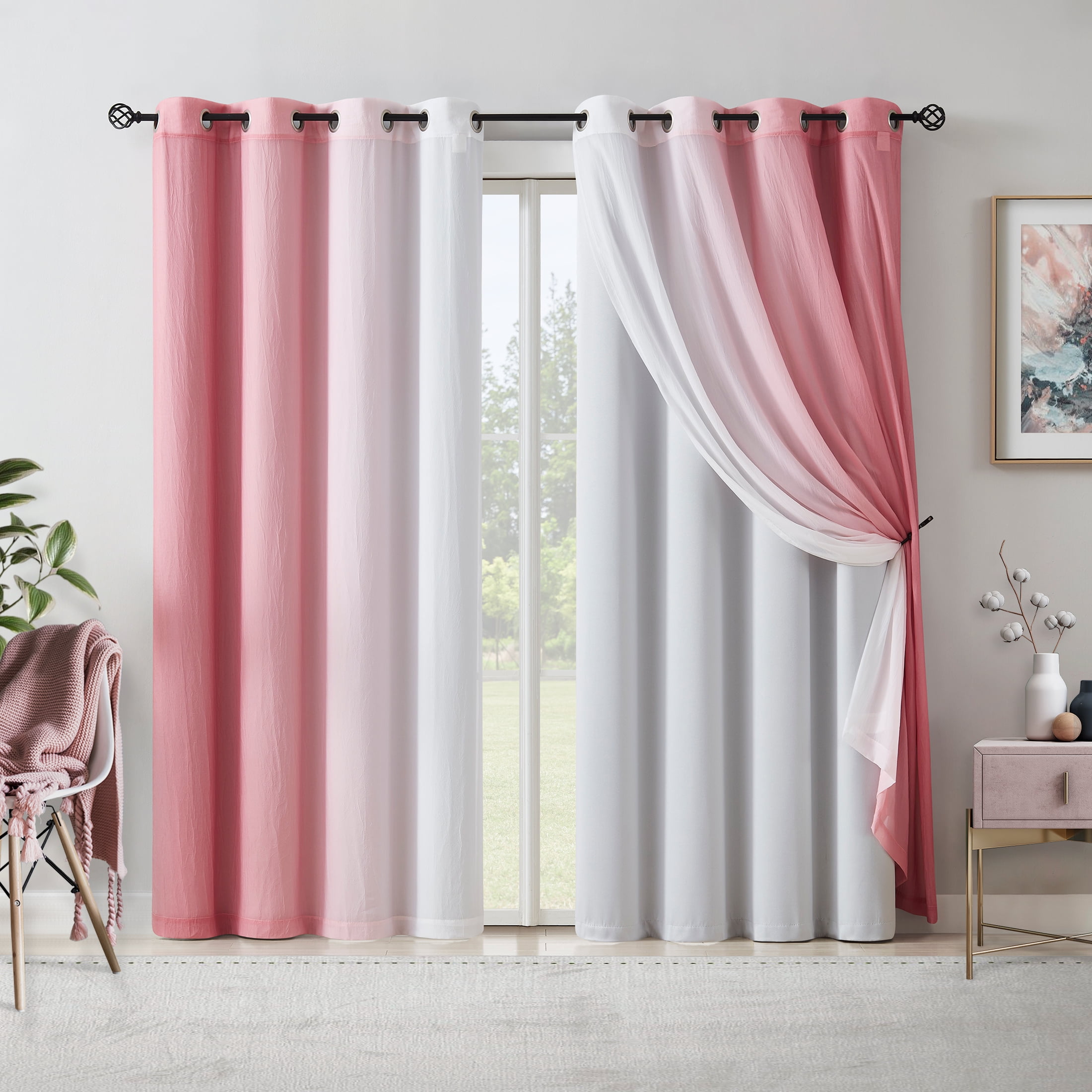 "Junvictex Ombre Sheer Curtains with Full Blackout Drapes, Pink, Energy ...