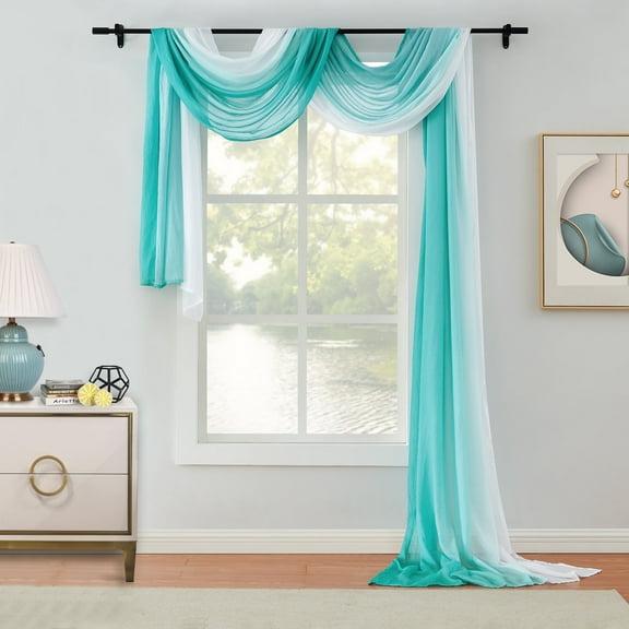 Junvictex Teal Ombre Chiffon Sheer Window Scarf Valance Curtains 18ft for Living Room,52"Wx216"L Long Crinkle Soft Top Sheer Voile Valance,1 Panel