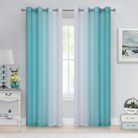Junvictex Teal Ombre Crushed Chiffon Sheer Curtains 52"Wx84"L for Bedroom Living Room Decor, Set of 2 Crinkle Curtain Panels,Grommet
