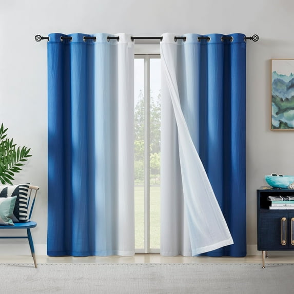 Junvictex White Blackout Window Curtains - Double Layer Grommet Panels, Blue Ombre Sheers,52"Wx63"L,4pcs