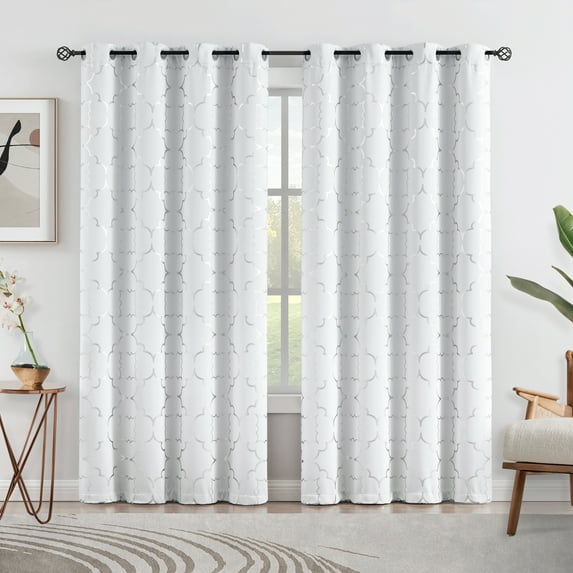 Junvictex White Foil Silver Blackout Window Curtains for Bedroom Modern Metallic Print Sets Grommet Top,52"Wx95"L,2 Pcs