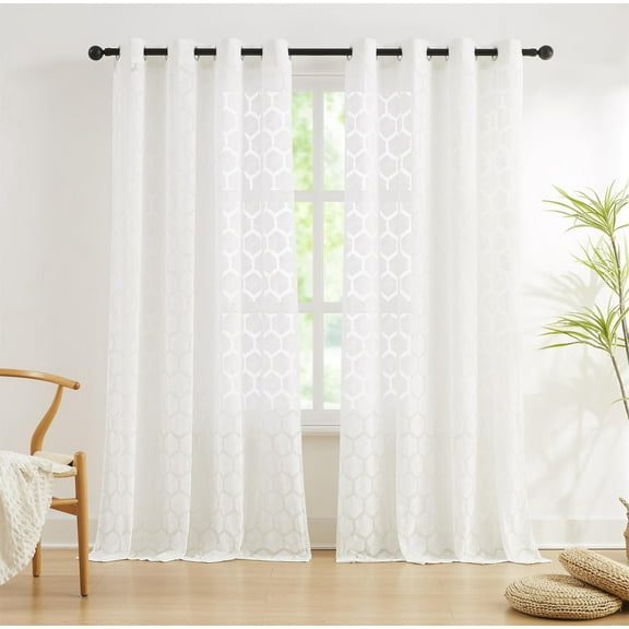Junvictex White Lace Sheer Curtains for Living Room Bedroom Geometric Knitted Semi-Sheer Window Treatments Light Filtering Privacy Sheer Window Drapes Grommet Top,55"W x63''L,2 Panels