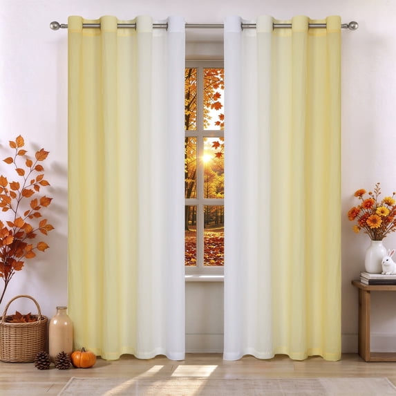 Junvictex Yellow Ombre Chiffon Sheer Curtains Blue 52" Wx95"L Crushed Crinkle Semi Voile for Bedroom Living Room,Grommet, 2 Panels