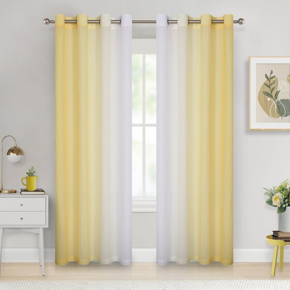 Junvictex Yellow Ombre Chiffon Sheer Curtains Blue 52" Wx95"L Crushed Crinkle Semi Voile for Bedroom Living Room,Grommet, 2 Panels