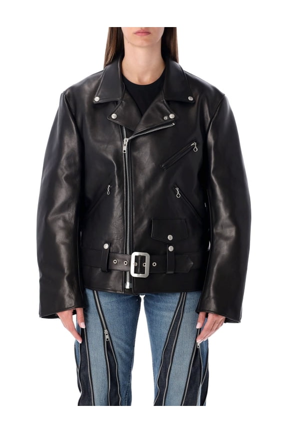 Black Oversize Leather Biker Jacket (Women's)