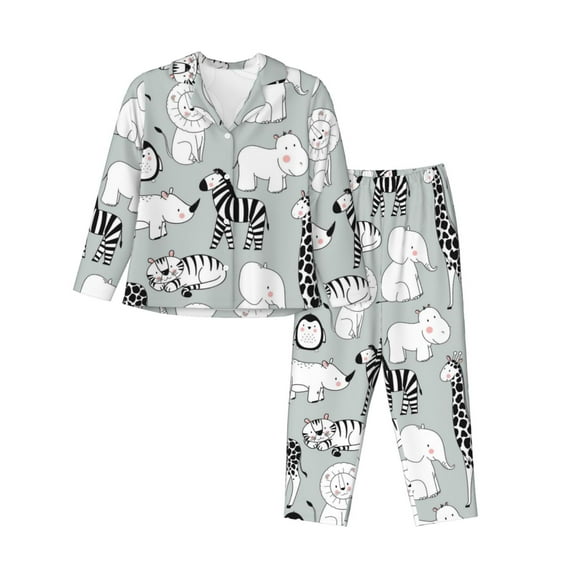 Junzan African Animals Print Womens Pajama Sets,Long Sleeve Button Down For Women Pjs 2 Piece