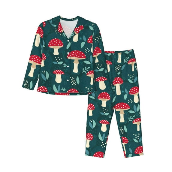 Junzan Amanita Mushroom Print Womens Pajama Sets,Long Sleeve Button Down For Women Pjs 2 Piece