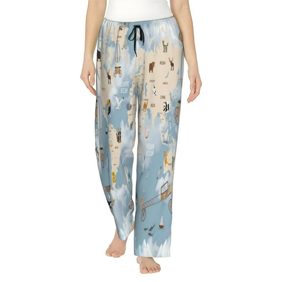 Junzan Animals Travel World Map Women'S Pajama Pants Drawstring Comfy Sleep Bottoms With Pockets