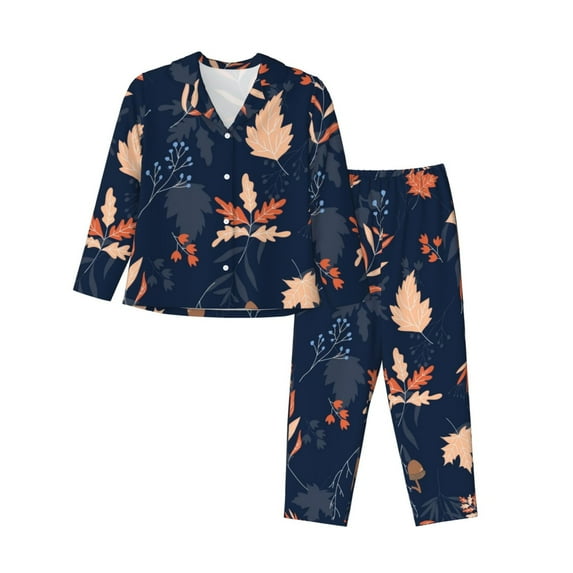 Junzan Autumn Leaves With Blue Print Womens Pajama Sets,Long Sleeve Button Down For Women Pjs 2 Piece