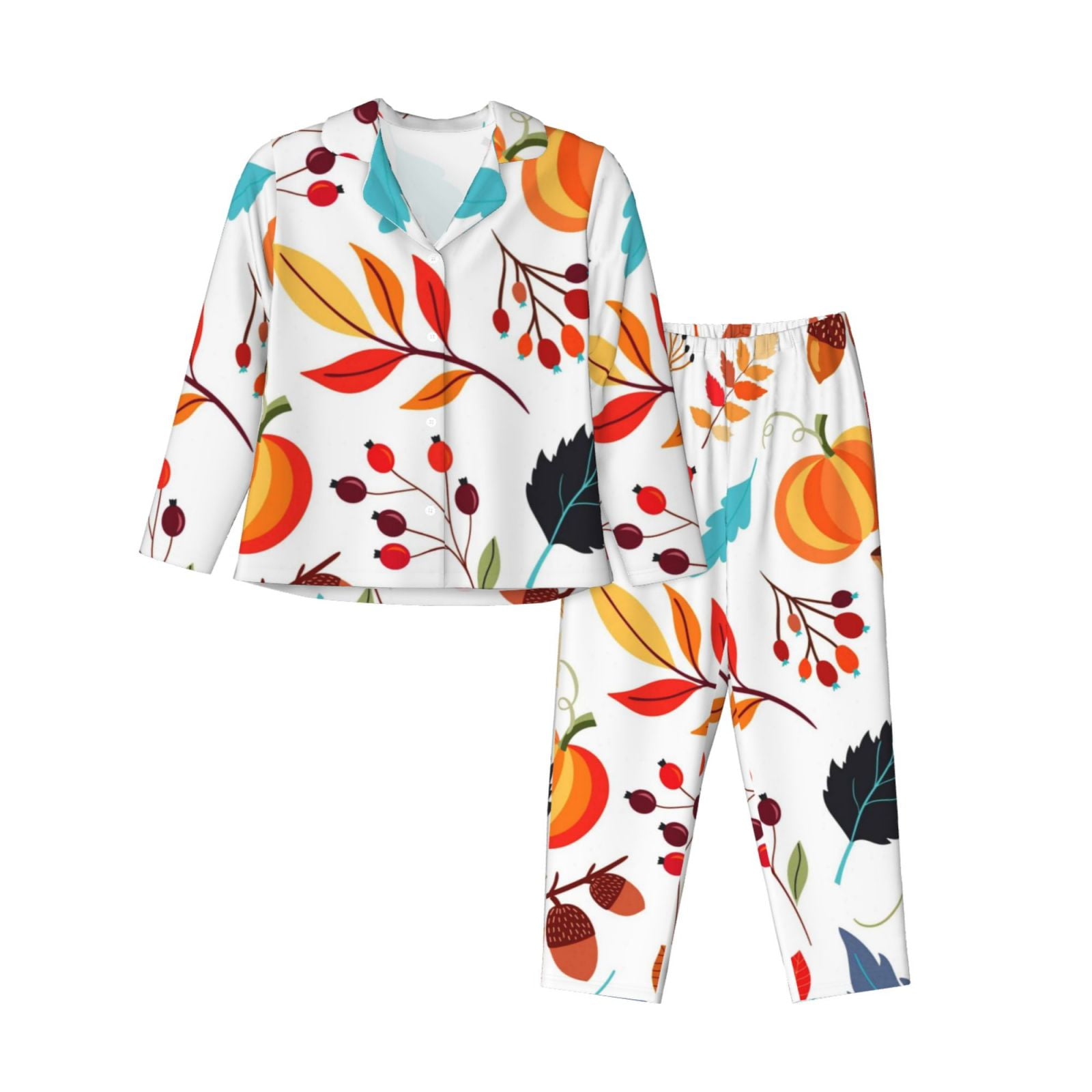 Junzan Autumn Pumpkins Fall Leaves Print Womens Pajama Sets,Long Sleeve ...