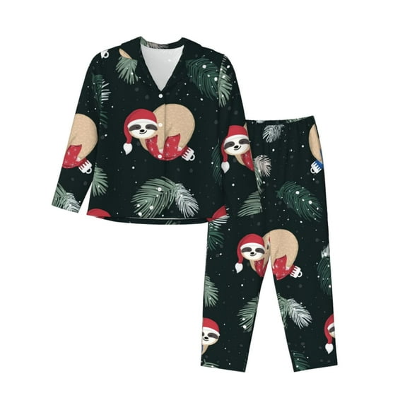 Junzan Baby Sloths Sleeping Print Womens Pajama Sets,Long Sleeve Button Down For Women Pjs 2 Piece