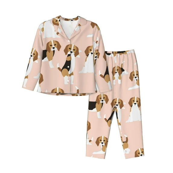 Junzan Beagle Dog On Brown Print Womens Pajama Sets,Long Sleeve Button Down For Women Pjs 2 Piece