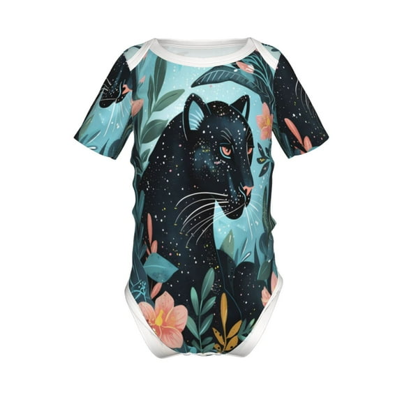 Junzan Black Panther Floral Illustration Print Short-Sleeve Baby Climbing Clothes, Bodysuits for Infant One-Piece for Baby Boys & Girls Baby Clothes Baby Romper with Snap Closure-3 Months