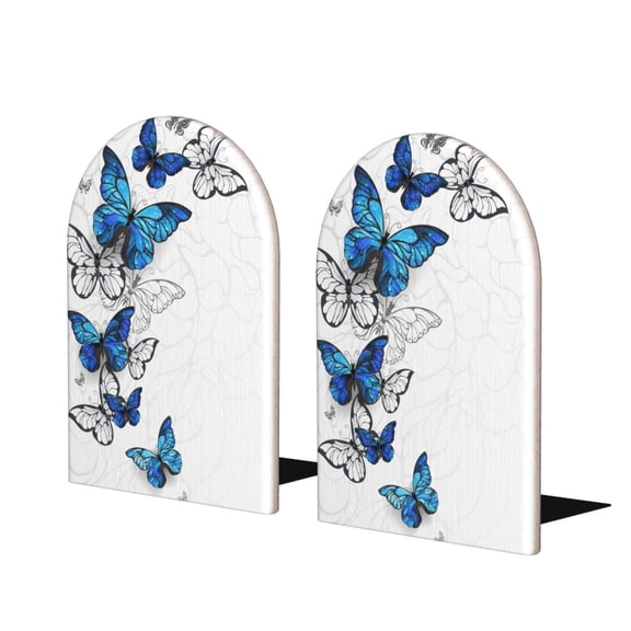 Junzan Blue Flying Butterflies for Wood Bookends,1 Pair Book Ends for Shelves Book Holder Stand Decorative Book Stoppers for Heavy Duty Books/CD/File/Video Games